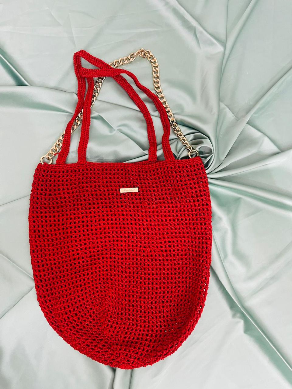 Handcrafted Red Crochet Tote Bag with Gold Chain Handles