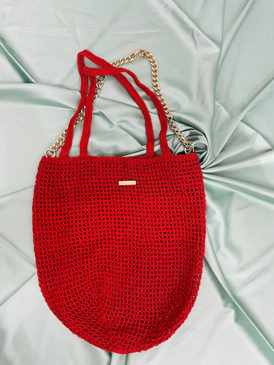 Handcrafted Red Crochet Tote Bag with Gold Chain Handles